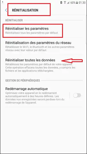 Réinitialisation en usine Réinitialisation en usine