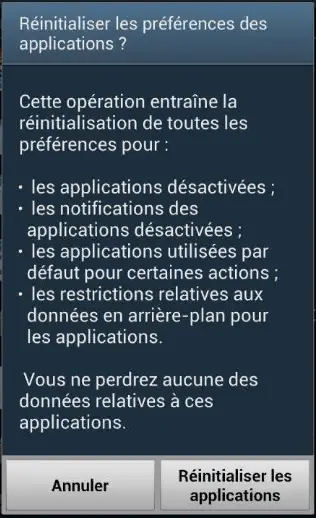 Réinitialiser les préférences des applications Réinitialiser les préférences des applications