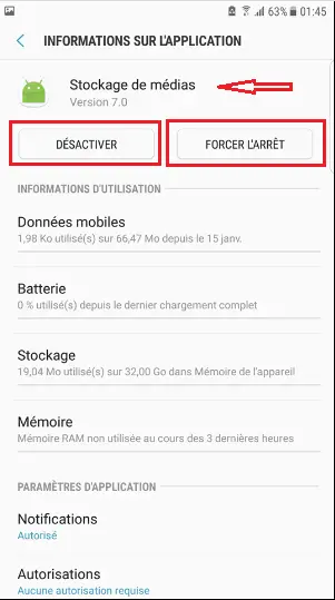 Désactiver et forcer l’arrêt pour Stockage de médias