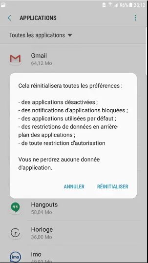 Réinitialiser les préférences des applications