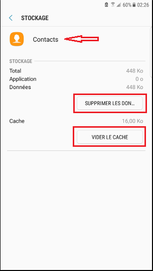 Supprimer les données et Vider le cache de Contacts Supprimer les données et Vider le cache de Contacts