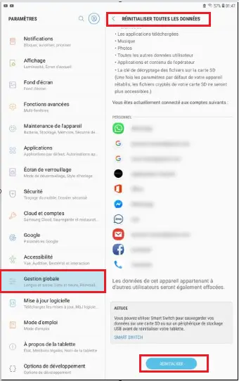 Réinitialiser tous les données Réinitialiser tous les données